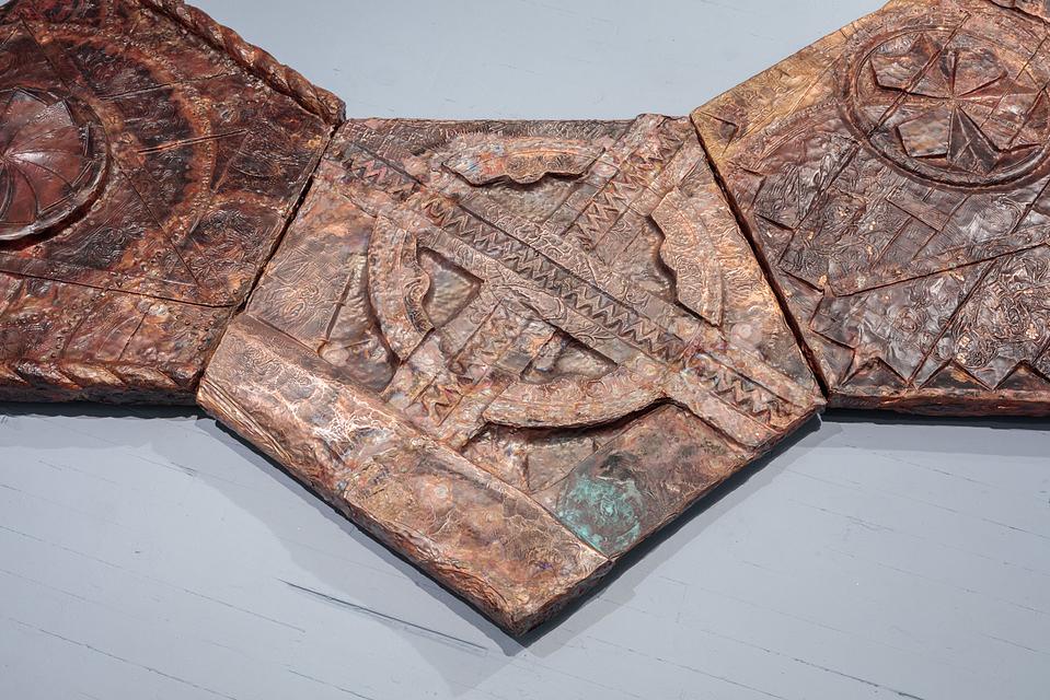 2017, hand carved wood and hammered copper plates, 38 × 38 × 2 in