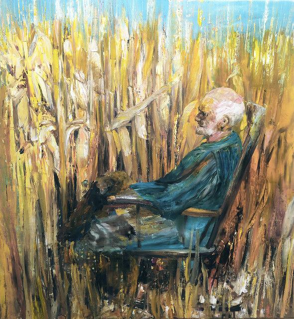 Corn Field Encounter, 2020, oil on linen 69 x 63 in (175 X 160 cm)