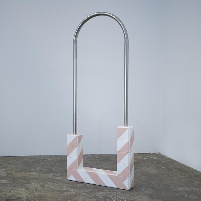  Territoria, 2018, Ceramic tiles, stainless steel, wood, 44 x 22 x 9 in