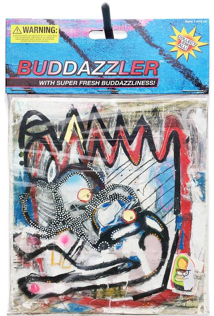 Buddazler, 2017, 40" x 60" Mixed media comprised of oil, acrylic, pastel, pencil, paper scraps, canvas on insulation board, encased in polystyrene plastic, with archival inkjet print and armature wire and conduit pipe. In verso: inkjet print on foam board.