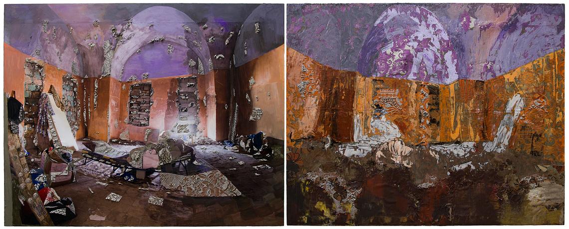 Doubled Arched Reflection in My Memory in Purple and Orange 48 x 120.5 inches, acrylic, gouache, lace, archival ink jet print and cement on canvas and fabric, 2017