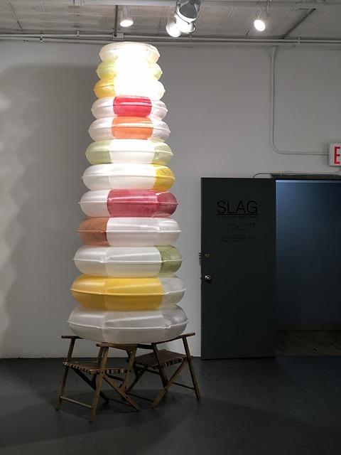 Hope floats again, 3d printed PLA plastic, acrylic paint, wood step stool 132”h x 48”w x 48”d, 2019