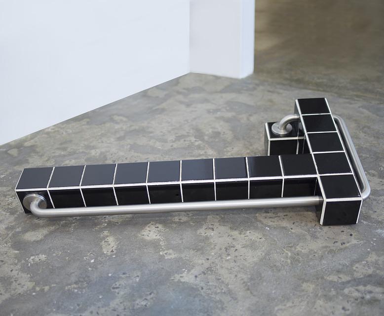 Territoria, 2018, Ceramic tiles, stainless steel, wood, 44 x 22 x 9 in