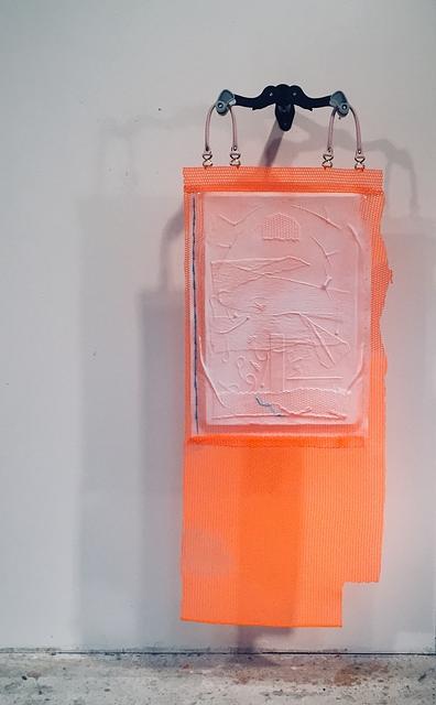 Handled Sunset, neoprene, vacuum formed plastic, spray paint, polymer, zip ties, and handles on a foldable wall mount , 64 x 26 inches