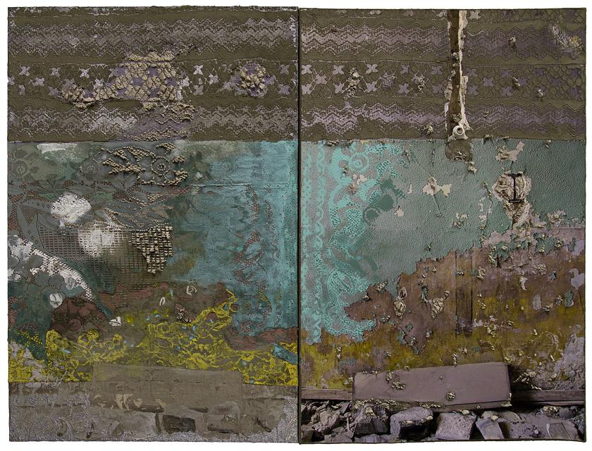 The Islands on My Wall 38.5 x 51 inches, acrylic, gouache, lace, archival ink jet print and cement on canvas, 2017