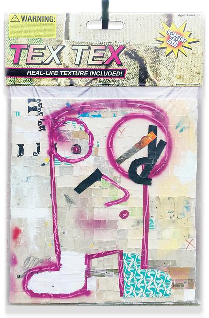 Tex Tex, 2017, 40"x60" Mixed media including silkscreen scraps, pastel, oil, acrylic paint, Conté crayon on insulation board, encased in polystyrene plastic, with archival inkjet print and armature wire with conduit pipe. In verso: inkjet print on foam board.