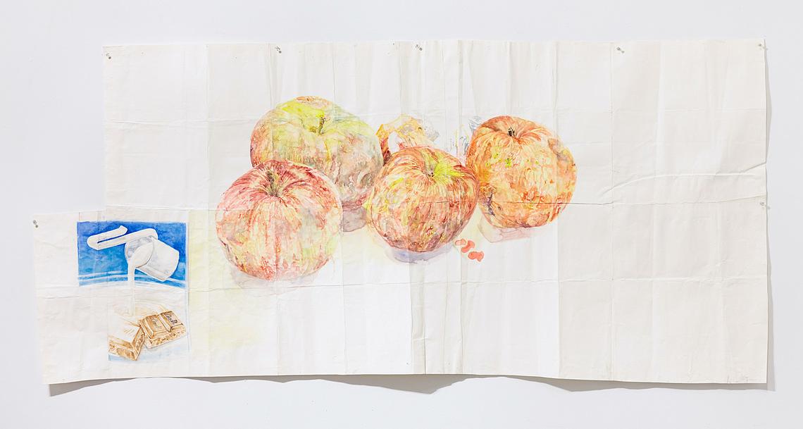 Candy bar and Apples, 2012,  gouache on paper, 36.5 x 79 inches 